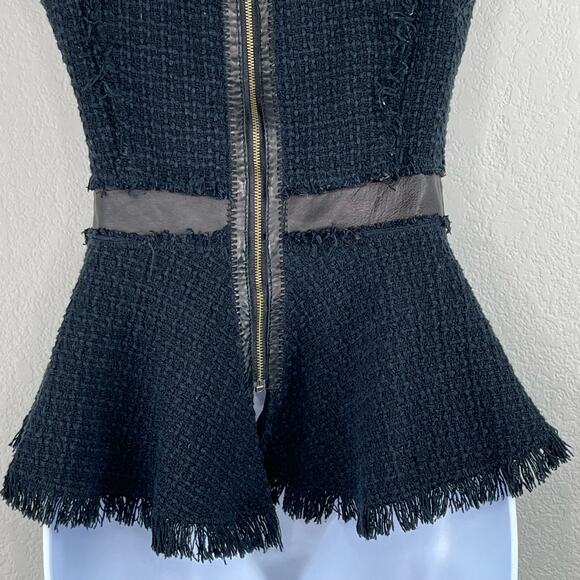 Rebecca Taylor Black Tweed Peplum Fringe Leather Trim Wool Cap Sleeve Top 2 - Picture 13 of 16